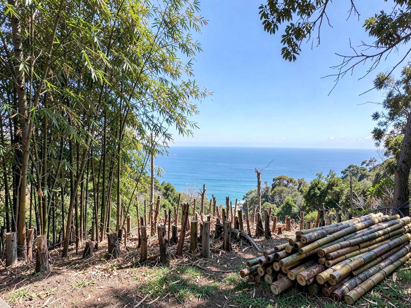Bamboo grove cut down on a Carlsbad hillside, opening a view of the Pacific Ocean