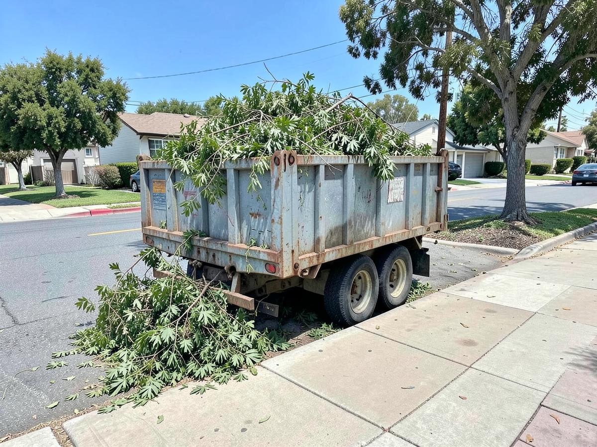 Dump trailer loaded with branches at the curb in Encinitas