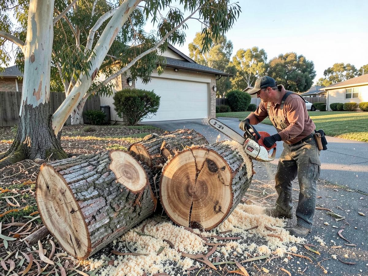 Felled eucalyptus trunk cut into rounds beside a San Marcos driveway