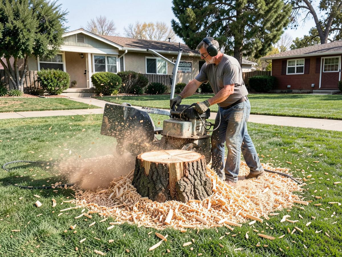 Pine stump ground below grade in an Escondido front lawn