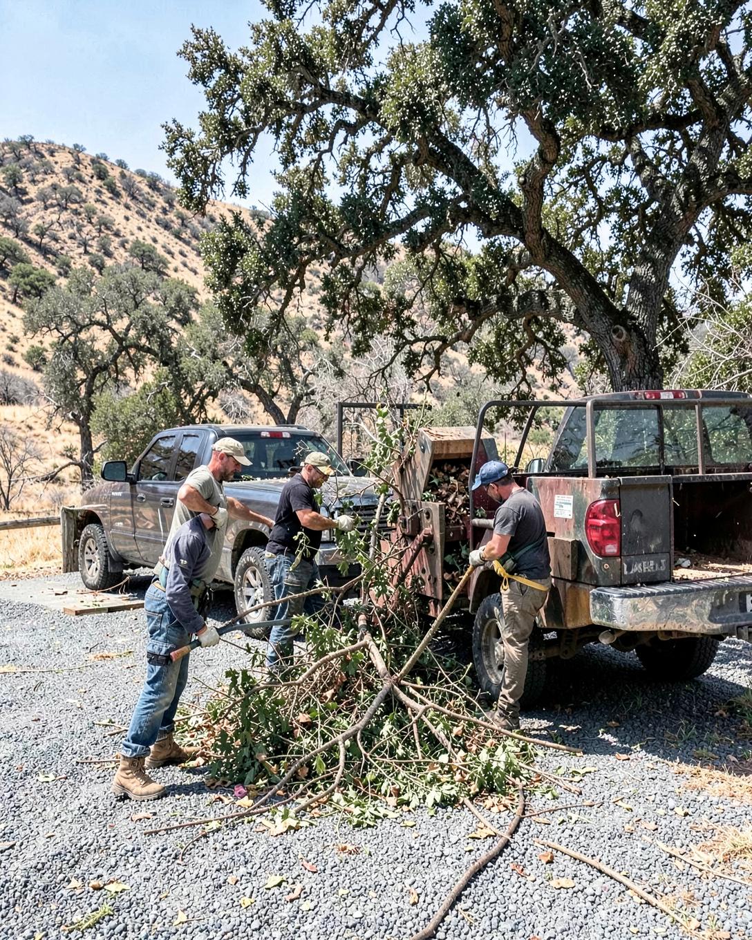 Westview Tree Experts crew feeding cut branches into a chipper on a Fallbrook driveway